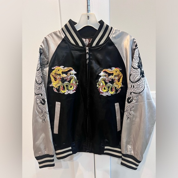 Vtg Sukajan Studio Hiro Satin Bomber Jacket Embroidered Dragons Unisex Medium - Picture 1 of 10